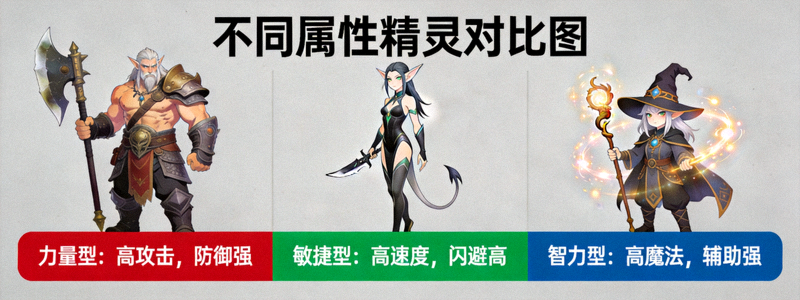 不同属性精灵的对比图，展示力量型、敏捷型和智力型精灵的外观与特性差异